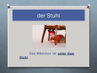 der Stuhl




         Das Mädchen ist unter dem
Stuhl.
Stuhl
 