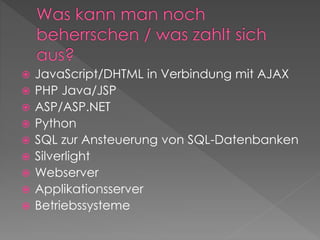  JavaScript/DHTML in Verbindung mit AJAX
 PHP Java/JSP
 ASP/ASP.NET
 Python
 SQL zur Ansteuerung von SQL-Datenbanken
 Silverlight
 Webserver
 Applikationsserver
 Betriebssysteme
 
