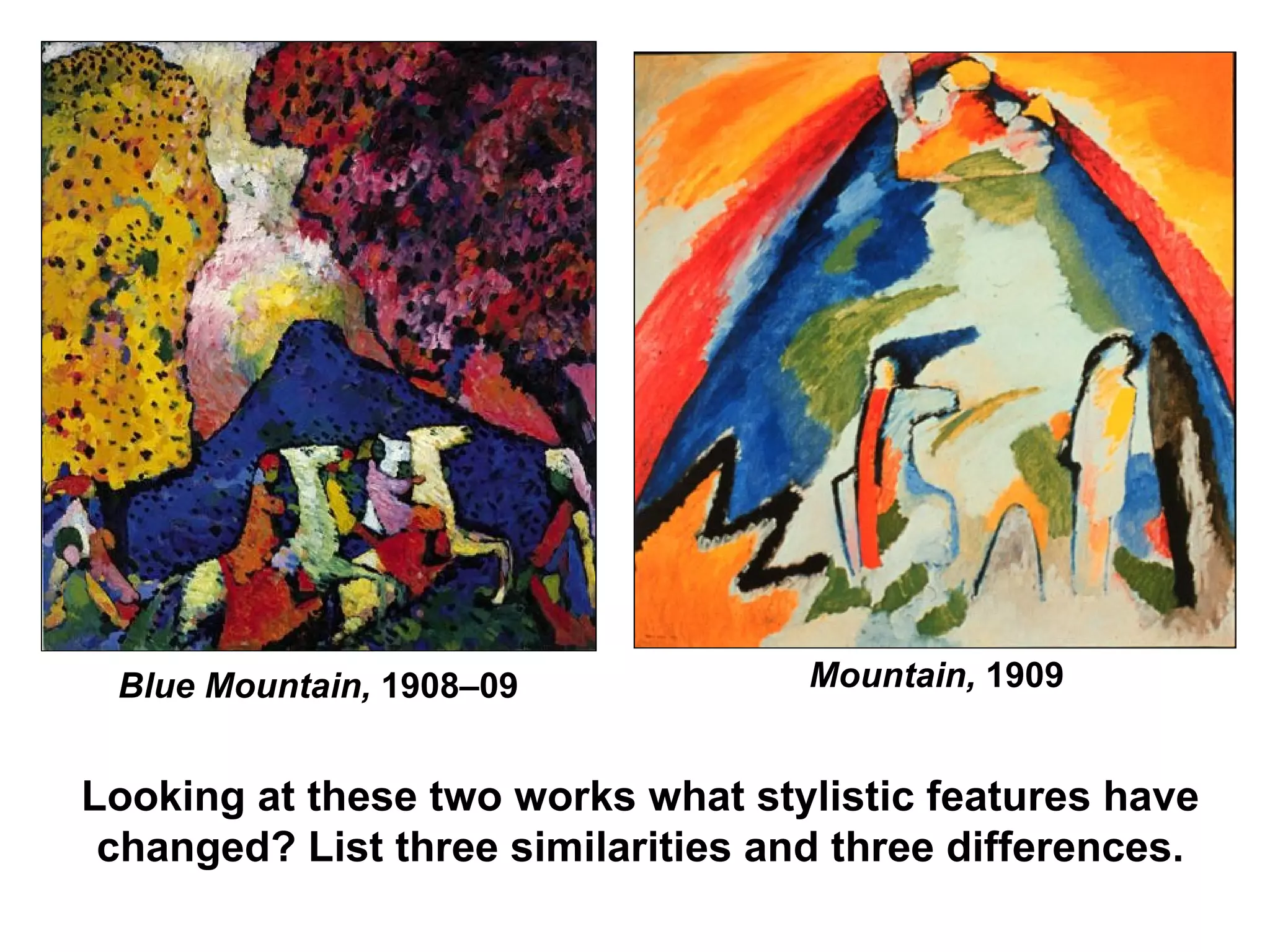 Looking at these two works what stylistic features have changed? List three similarities and three differences. Blue Mountain,  1908–09 Mountain,  1909 