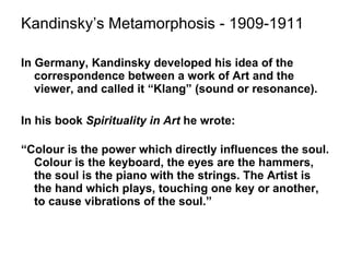 <ul><li>Kandinsky’s Metamorphosis - 1909-1911 </li></ul><ul><li>In Germany, Kandinsky developed his idea of the correspond...
