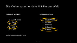 Die Vielversprechendste Märkte der Welt
Emerging Markets
1. South Korea
2. Qatar
3. China
4. UAE
5. Chile
Source: Bloomber...