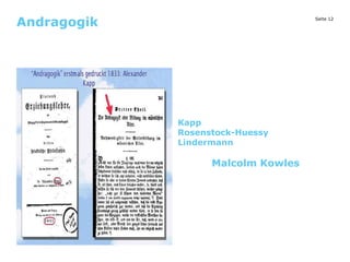 Seite 12
Andragogik
Kapp
Rosenstock-Huessy
Lindermann
Malcolm Kowles
Bild
 