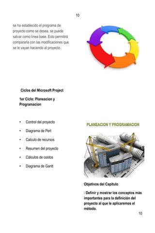 10
10
se ha establecido el programa de
proyecto como se desea, se puede
salvar como línea base. Esto permitirá
compararla con las modificaciones que
se le vayan haciendo al proyecto.
Ciclos del Microsoft Project
1er Ciclo: Planeacion y
Programacion
• Control del proyecto
• Diagrama de Pert
• Calculo de recursos
• Resumen del proyecto
• Cálculos de costos
• Diagrama de Gantt
Objetivos del Capitulo
importantes para la definición del
proyecto al que le aplicaremos el
método.
 