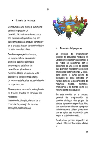 14
14
• Calculo de recursos
Un recurso es una fuente o suministro
del cual se produce un
beneficio. Normalmente los recursos
son material u otros activos que son
transformados para producir beneficio y
en el proceso pueden ser consumidos o
no estar más disponibles.
Desde una perspectiva humana,
un recurso natural es cualquier
elemento obtenido del medio
ambientepara satisfacer las
necesidades y los deseos
humanos. Desde un punto de vista
ecológico o biológico más amplio,
un recurso satisface las necesidades de
un organismo vivo.
El concepto de recurso ha sido aplicado
en diversos ámbitos, en particular, con
respecto a
la economía, biología, ciencias de la
computación, manejo del recurso
tierra yrecursos humanos.
• Resumen del proyecto
El proceso de programación
integral de proyectos mediante la
utilización de las técnicas gráficas o
de redes se caracteriza por el
desarrollo de una serie de etapas
que permiten incorporar en un solo
análisis los factores tiempo y costo,
para definir el punto óptimo de
ejecución de cada actividad en
función tanto de la disponibilidad de
recursos físicos, humanos,
financieros y de tiempo como del
mínimo costo de ejecución.
En este sentido, en el proceso
general de programación se
pueden distinguir dos grupos de
etapas o procesos específicos. Uno
que consiste en obtener y preparar
la información a utilizar, y otro en el
que se aplica esa información para
lograr el objetivo deseado.
En el primer proceso específico se
deberá obtener información relativa
a:
 