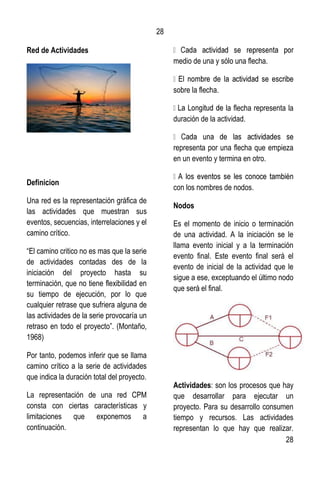 28
28
Red de Actividades
Definicion
Una red es la representación gráfica de
las actividades que muestran sus
eventos, secuencias, interrelaciones y el
camino crítico.
“El camino critico no es mas que la serie
de actividades contadas des de la
iniciación del proyecto hasta su
terminación, que no tiene flexibilidad en
su tiempo de ejecución, por lo que
cualquier retrase que sufriera alguna de
las actividades de la serie provocaría un
retraso en todo el proyecto”. (Montaño,
1968)
Por tanto, podemos inferir que se llama
camino crítico a la serie de actividades
que indica la duración total del proyecto.
La representación de una red CPM
consta con ciertas características y
limitaciones que exponemos a
continuación.
medio de una y sólo una flecha.
sobre la flecha.
la flecha representa la
duración de la actividad.
representa por una flecha que empieza
en un evento y termina en otro.
con los nombres de nodos.
Nodos
Es el momento de inicio o terminación
de una actividad. A la iniciación se le
llama evento inicial y a la terminación
evento final. Este evento final será el
evento de inicial de la actividad que le
sigue a ese, exceptuando el último nodo
que será el final.
Actividades: son los procesos que hay
que desarrollar para ejecutar un
proyecto. Para su desarrollo consumen
tiempo y recursos. Las actividades
representan lo que hay que realizar.
 