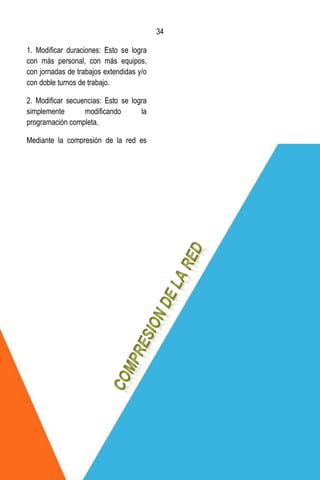 34
34
1. Modificar duraciones: Esto se logra
con más personal, con más equipos,
con jornadas de trabajos extendidas y/o
con doble turnos de trabajo.
2. Modificar secuencias: Esto se logra
simplemente modificando la
programación completa.
Mediante la compresión de la red es
posible disminuir el tiempo, y disminuir
el costo final del proyecto.
 