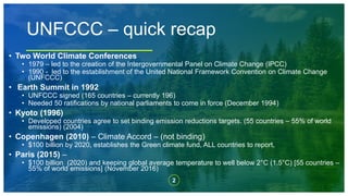2
UNFCCC – quick recap
• Two World Climate Conferences
• 1979 – led to the creation of the Intergovernmental Panel on Climate Change (IPCC)
• 1990 - led to the establishment of the United National Framework Convention on Climate Change
(UNFCCC)
• Earth Summit in 1992
• UNFCCC signed (165 countries – currently 196)
• Needed 50 ratifications by national parliaments to come in force (December 1994)
• Kyoto (1996)
• Developed countries agree to set binding emission reductions targets. (55 countries – 55% of world
emissions) (2004)
• Copenhagen (2010) – Climate Accord – (not binding)
• $100 billion by 2020, establishes the Green climate fund, ALL countries to report,
• Paris (2015) –
• $100 billion (2020) and keeping global average temperature to well below 2°C (1.5°C) [55 countries –
55% of world emissions] (November 2016)
 