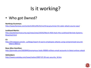 Is it working?
• Who got 0wned?
Northrop Grumman:
http://www.foxnews.com/scitech/2011/05/31/northrop-grumman-hit-cyber-attack-source-says/

Lockheed Martin:
http://packetstormsecurity.org/news/view/19242/March-RSA-Hack-Hits-Lockheed-Remote-Systems-
Breached.html

L3:
http://threatpost.com/en_us/blogs/report-l3-warns-employees-attacks-using-compromised-securid-
    tokens-060111

Booz Allen Hamilton:
http://gizmodo.com/5820049/anonymous-leaks-90000-military-email-accounts-in-latest-antisec-attack

SAIC(older):
http://www.usatoday.com/news/nation/2007-07-20-saic-security_N.htm
 
