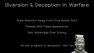 Diversion & Deception in Warfare
Draw Attention Away From True Attack Point
Mislead With False Appearance
Gain Advantage Over Enemy
“All war is based on deception” -Sun Tzu
 