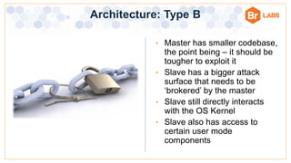 Architecture: Type B
• Master has smaller codebase,
the point being – it should be
tougher to exploit it
• Slave has a big...