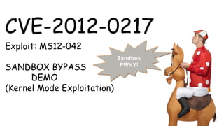 CVE-2012-0217
Exploit: MS12-042
SANDBOX BYPASS
DEMO
(Kernel Mode Exploitation)
Sandbox
PWNY!
 