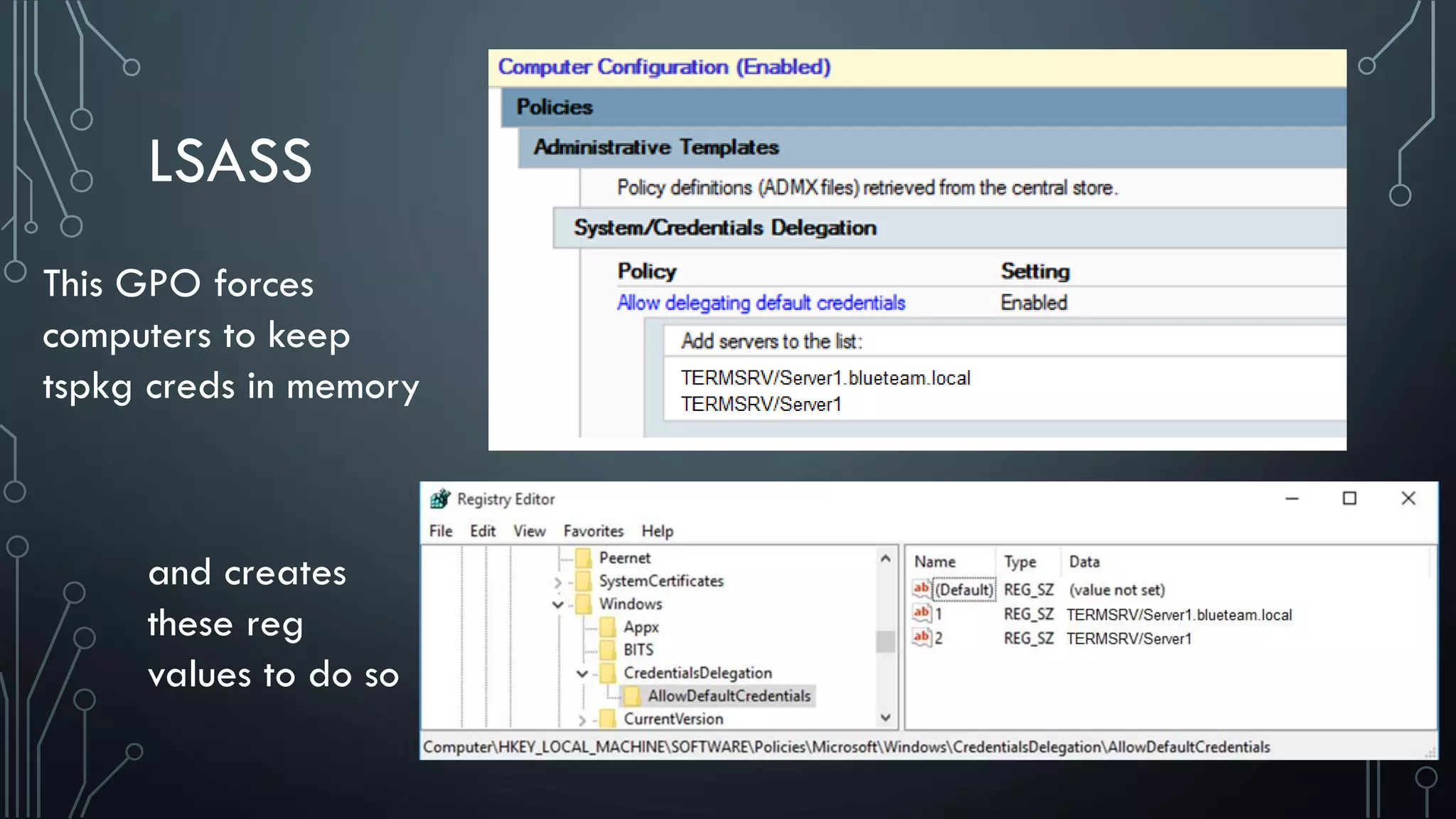 LSASS
This GPO forces
computers to keep
tspkg creds in memory
and creates
these reg
values to do so
 