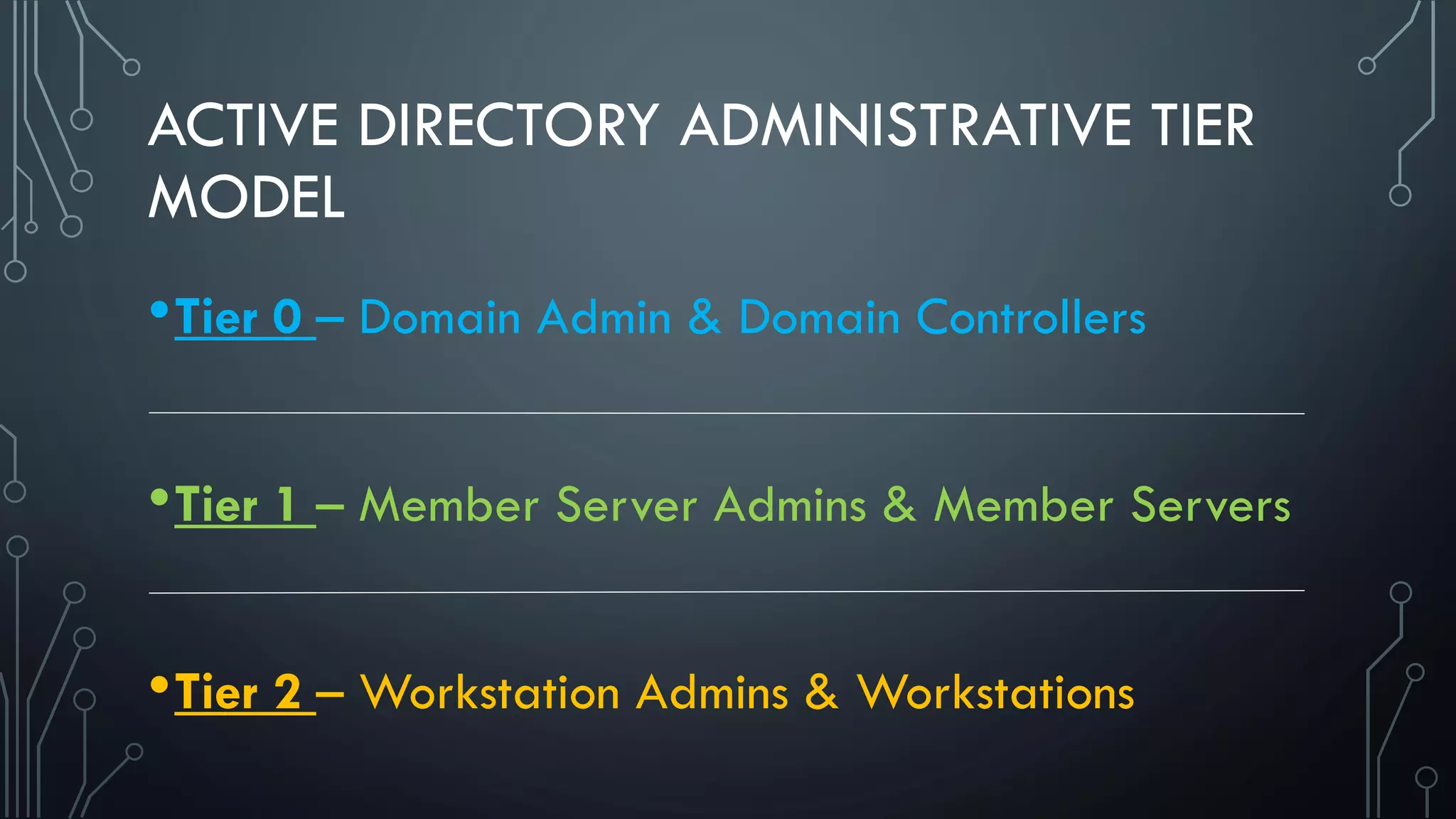 ACTIVE DIRECTORY ADMINISTRATIVE TIER
MODEL
•Tier 0 – Domain Admin & Domain Controllers
•Tier 1 – Member Server Admins & Member Servers
•Tier 2 – Workstation Admins & Workstations
 