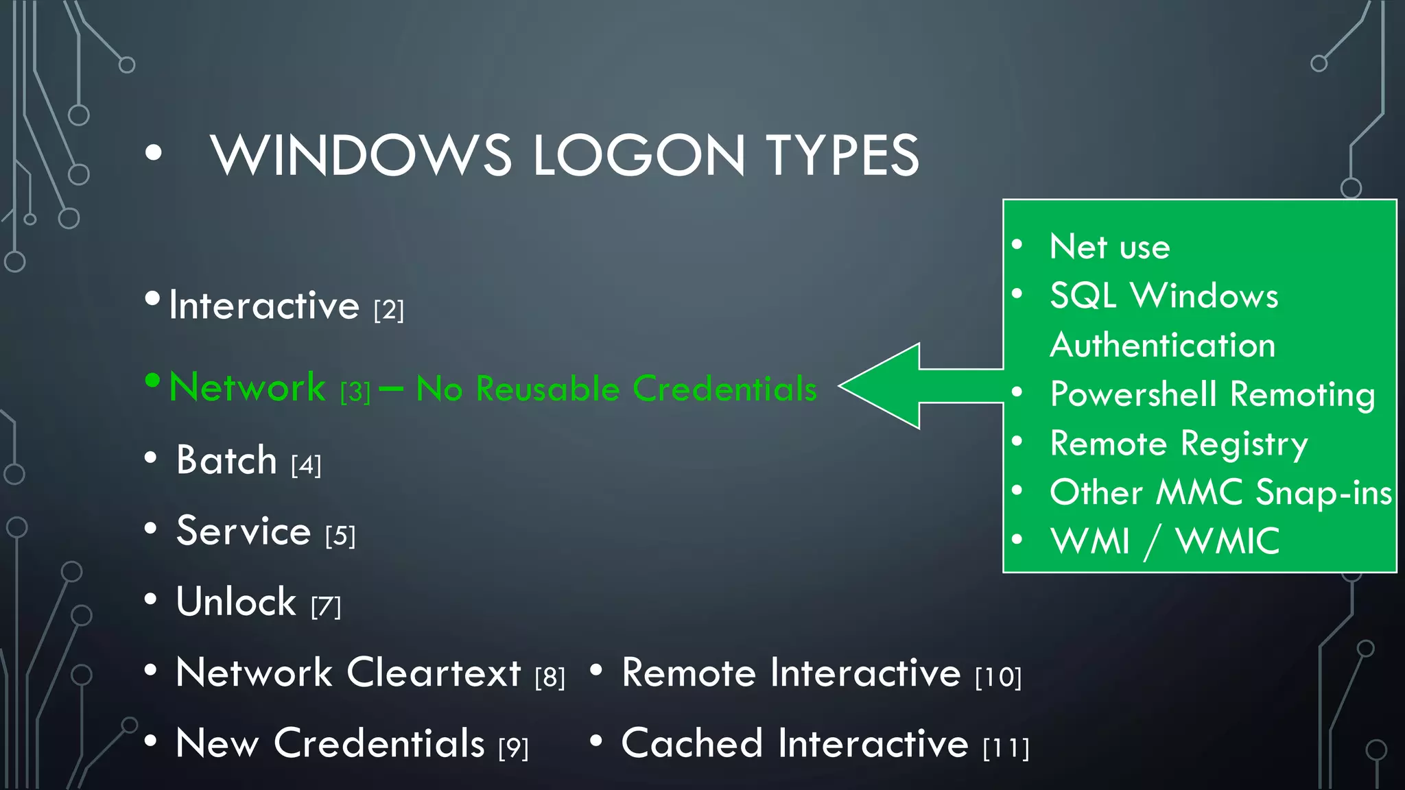 • WINDOWS LOGON TYPES
•Interactive [2]
•Network [3] – No Reusable Credentials
• Net use
• SQL Windows
Authentication
• Powershell Remoting
• Remote Registry
• Other MMC Snap-ins
• WMI / WMIC
• Batch [4]
• Service [5]
• Unlock [7]
• Network Cleartext [8]
• New Credentials [9]
• Remote Interactive [10]
• Cached Interactive [11]
 