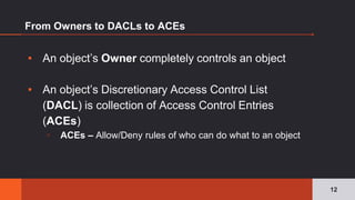 From Owners to DACLs to ACEs
▪ An object’s Owner completely controls an object
▪ An object’s Discretionary Access Control List
(DACL) is collection of Access Control Entries
(ACEs)
▫ ACEs – Allow/Deny rules of who can do what to an object
12
 