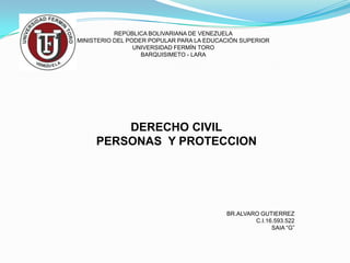 REPÚBLICA BOLIVARIANA DE VENEZUELA
MINISTERIO DEL PODER POPULAR PARA LA EDUCACIÓN SUPERIOR
UNIVERSIDAD FERMÍN TORO
BARQUISIMETO - LARA

DERECHO CIVIL
PERSONAS Y PROTECCION

BR.ALVARO GUTIERREZ
C.I.16.593.522
SAIA “G”

 