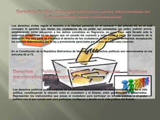 Los derechos civiles regula el derecho a la libertad personal, en el numeral 1 del artículo 44, en el cual
consagra la garantía que tienen los ciudadanos de no poder ser arrestados sin orden judicial previa,
estableciendo como excepción a los delitos cometidos en flagrancia, en cuyo caso será llevado ante la
autoridad competente en un tiempo que no exceda las cuarenta y ocho horas a partir del momento de la
detención. Por otra parte se establece el derecho de los ciudadanos de ser juzgados en libertad, exceptuando
las razones determinadas por la ley y previamente apreciadas por el juez en cada caso concreto.
En la Constitución de la República Bolivariana de Venezuela Los derechos políticos son mencionados en los
artículos 62 al 72.
Los derechos políticos son el conjunto de condiciones que posibilitan al ciudadano participar en la vida
política, constituyendo la relación entre el ciudadano y el Estado, entre gobernantes y gobernados.
Representan los instrumentos que posee el ciudadano para participar en la vida pública, o el poder
político con el que cuenta este para participar, configurar y decidir en la vida política del Estado.
 