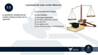 3.5
La jerarquía del orden Jurídico Mexicano.
La gradación establecida por
nuestro sistema jurídico es la
siguiente
a) La Constitución Política
b) Los tratados.
c) Las leyes federales
d) Las leyes ordinarias o locales
e) Los decretos
f) Los reglamentos
g) Las normas jurídicas individualizadas