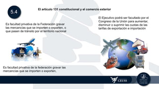 5.4
El artículo 131 constitucional y el comercio exterior
Es facultad privativa de la Federación gravar
las mercancías que se importen o exporten, o
que pasen de tránsito por el territorio nacional
El Ejecutivo podrá ser facultado por el
Congreso de la Unión para aumentar,
disminuir o suprimir las cuotas de las
tarifas de exportación e importación
Es facultad privativa de la federación gravar las
mercancías que se importen o exporten,