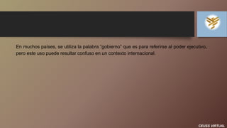 CEUSS VIRTUAL
En muchos países, se utiliza la palabra “gobierno” que es para referirse al poder ejecutivo,
pero este uso puede resultar confuso en un contexto internacional.