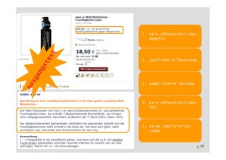 1. Kein offensichtlicher
                    Benefit




                 2. Sachliche Erläuterung




                 3. Komplizierte Sprache
Online Texten!




                 4. Kein offensichtlicher
                    USP




                 5. Keine implizierten
                    Codes



                                            19
 