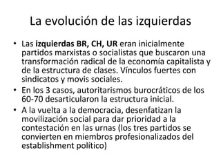 • Las izquierdas BR, CH, UR eran inicialmente
partidos marxistas o socialistas que buscaron una
transformación radical de la economía capitalista y
de la estructura de clases. Vínculos fuertes con
sindicatos y movis sociales.
• En los 3 casos, autoritarismos burocráticos de los
60-70 desarticularon la estructura inicial.
• A la vuelta a la democracia, desenfatizan la
movilización social para dar prioridad a la
contestación en las urnas (los tres partidos se
convierten en miembros profesionalizados del
establishment político)
La evolución de las izquierdas
 