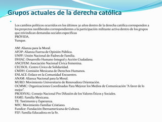 Grupos actuales de la derecha católica

Los cambios políticos ocurridos en los últimos 30 años dentro de la derecha católica corresponden a
los proyectos neoliberales correspondientes a la participación militante activa dentro de los grupos
que reivindican demandas sociales específicas
PRÓVIDA.
Yunque.
AM: Alianza para la Moral.
AFOP: Alianza Fuerza de Opinión Pública.
UNPF: Unión Nacional de Padres de Familia.
DHIAC: Desarrollo Humano Integral y Acción Ciudadana.
ANCIFEM: Asociación Nacional Cívica Femenina.
CECISOL: Centro Cívico de Solidaridad.
CMDH: Comisión Mexicana de Derechos Humanos.
ENLACE: Enlace en la Comunidad Encuentro.
ANAM: Alianza Nacional para la Moral.
MURO: Movimiento Universitario de Renovadora Orientación.
OCMMC: Organizaciones Coordinadas Para Mejorar los Medios de Comunicación “A favor de lo
mejor”.
PRODIVAL: Consejo Nacional Pro Difusión de los Valores Éticos y Sociales.
FAME: Familia Mexicana.
TE: Testimonio y Esperanza.
MFC: Movimiento Familiar Cristiano.
Fundice: Fundación Iberoamericana de Cultura.
FEF: Familia Educadora en la Fe.
 