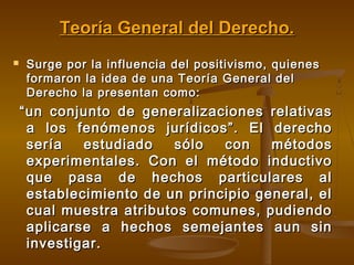 Teoría General del Derecho.


Surge por la influencia del positivismo, quienes
formaron la idea de una Teoría General del
Derecho la presentan como:

“ un conjunto de generalizaciones relativas
a los fenómenos jurídicos”. El derecho
sería
estudiado
sólo
con
métodos
experimentales. Con el método inductivo
que pasa de hechos particulares al
establecimiento de un principio general, el
cual muestra atributos comunes, pudiendo
aplicarse a hechos semejantes aun sin
investigar.

 