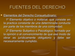FUENTES DEL DERECHO


Elementos del Derecho Consuetudinario:
1º Elemento objetivo o material: que consiste en
la practica constante de una determinada conducta
por parte de los miembros de una comunidad.
2º Elemento Subjetivo o Psicológico: formado por
la opinión o el convencimiento de que ese modo de
obrar es jurídicamente obligatorio y debe ser
necesariamente cumplido.

 