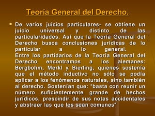 Teoría General del Derecho.


De varios juicios particulares- se obtiene un
juicio
universal
y
distinto
de
las
particularidades. Así que la Teoría General del
Derecho busca conclusiones jurídicas de lo
particular
a
lo
general.
Entre los partidarios de la Teoría General del
Derecho
encontramos
a
los
alemanes:
Bergbohm, Merkl y Bierling, quienes sostenía
que el método inductivo no sólo se podía
aplicar a los fenómenos naturales, sino también
al derecho. Sostenían que: “basta con reunir un
número suficientemente grande de hechos
jurídicos, prescindir de sus notas accidentales
y abstraer las que les sean comunes”

 