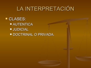 LA INTERPRETACIÓN


CLASES:




AUTENTICA
JUDICIAL
DOCTRINAL O PRIVADA.

 