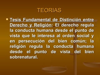 TEORIAS


Tesis Fundamental de Distinción entre
Derecho y Religión: El derecho regula
la conducta humana desde el punto de
vista que le interesa al orden social y
en persecución del bien común; la
religión regula la conducta humana
desde el punto de vista del bien
sobrenatural.

 