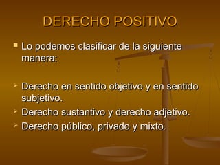DERECHO POSITIVO







Lo podemos clasificar de la siguiente
manera:
Derecho en sentido objetivo y en sentido
subjetivo.
Derecho sustantivo y derecho adjetivo.
Derecho público, privado y mixto.

 