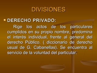 DIVISIONES


DERECHO PRIVADO:
Rige los actos de los particulares
cumplidos en su propio nombre, predomina
el interés individual, frente al general del
derecho Público. ( diccionario de derecho
usual de G. Cabanellas). Se encuentra al
servicio de la voluntad del particular.

 