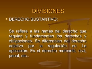 DIVISIONES


DERECHO SUSTANTIVO:
Se refiere a las ramas del derecho que
regulan y fundamentan los derechos y
obligaciones. Se diferencian del derecho
adjetivo por la regulación en La
aplicación. Es el derecho mercantil, civil,
penal, etc..

 