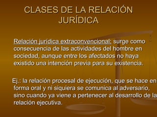 CLASES DE LA RELACIÓN
JURÍDICA
Relación jurídica extraconvencional: surge como
consecuencia de las actividades del hombre en
sociedad, aunque entre los afectados no haya
existido una intención previa para su existencia.

Ej.: la relación procesal de ejecución, que se hace en
forma oral y ni siquiera se comunica al adversario,
sino cuando ya viene a pertenecer al desarrollo de la
relación ejecutiva.

 