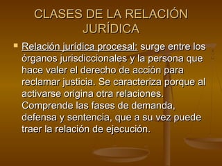 CLASES DE LA RELACIÓN
JURÍDICA


Relación jurídica procesal: surge entre los
órganos jurisdiccionales y la persona que
hace valer el derecho de acción para
reclamar justicia. Se caracteriza porque al
activarse origina otra relaciones.
Comprende las fases de demanda,
defensa y sentencia, que a su vez puede
traer la relación de ejecución.

 