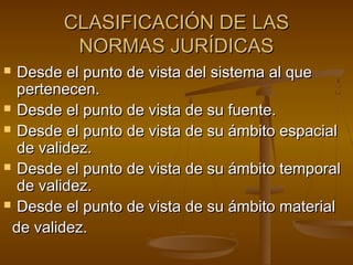 CLASIFICACIÓN DE LAS
NORMAS JURÍDICAS
Desde el punto de vista del sistema al que
pertenecen.
 Desde el punto de vista de su fuente.
 Desde el punto de vista de su ámbito espacial
de validez.
 Desde el punto de vista de su ámbito temporal
de validez.
 Desde el punto de vista de su ámbito material
de validez.


 