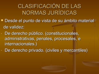 CLASIFICACIÓN DE LAS
NORMAS JURÍDICAS


-

-

Desde el punto de vista de su ámbito material
de validez:
De derecho público. (constitucionales,
administrativas, penales, procesales, e
internacionales.)
De derecho privado. (civiles y mercantiles)

 