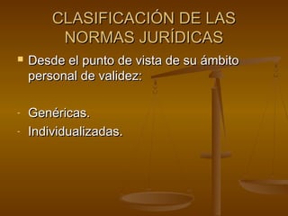 CLASIFICACIÓN DE LAS
NORMAS JURÍDICAS


-

Desde el punto de vista de su ámbito
personal de validez:
Genéricas.
Individualizadas.

 