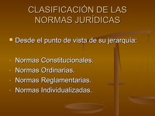 CLASIFICACIÓN DE LAS
NORMAS JURÍDICAS


-

Desde el punto de vista de su jerarquía:
Normas Constitucionales.
Normas Ordinarias.
Normas Reglamentarias.
Normas Individualizadas.

 