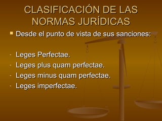 CLASIFICACIÓN DE LAS
NORMAS JURÍDICAS


-

Desde el punto de vista de sus sanciones:
Leges Perfectae.
Leges plus quam perfectae.
Leges minus quam perfectae.
Leges imperfectae.

 