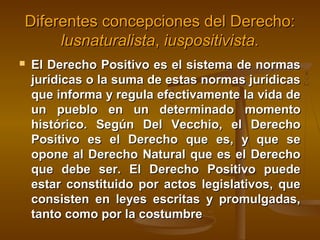 Diferentes concepciones del Derecho:
lusnaturalista, iuspositivista.


El Derecho Positivo es el sistema de normas
jurídicas o la suma de estas normas jurídicas
que informa y regula efectivamente la vida de
un pueblo en un determinado momento
histórico. Según Del Vecchio, el Derecho
Positivo es el Derecho que es, y que se
opone al Derecho Natural que es el Derecho
que debe ser. El Derecho Positivo puede
estar constituido por actos legislativos, que
consisten en leyes escritas y promulgadas,
tanto como por la costumbre

 