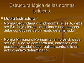 Estructura lógica de las normas
jurídicas.


Doble Estructura:

-

Norma Secundaria o Endonorma (si es A, debe
ser B): “bajo ciertas condiciones una persona
debe conducirse de un modo determinado”.

-

Norma Primaria o Perinorma (si no es B, debe
ser C): “si no se comporta así, entonces otra
persona (estado) debe realizar contra ello un
acto coactivo determinado”.

 
