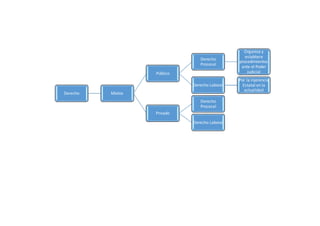 Derecho Mixtos
Público
Derecho
Procesal
Organiza y
establece
procedimientos
ante el Poder
Judicial
Derecho Laboral
Por la injerencia
Estatal en la
actualidad
Privado
Derecho
Procesal
Derecho Laboral
 