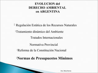 EVOLUCION del
DERECHO AMBIENTAL
en ARGENTINA
 Regulación Estática de los Recursos Naturales
Tratamiento dinámico del Ambiente
Normativa Provincial
Tratados Internacionales
Reforma de la Constitución Nacional
Normas de Presupuestos Mínimos
Dra. Silvia Nonna
 