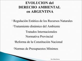 EVOLUCION del
DERECHO AMBIENTAL
en ARGENTINA
 Regulación Estática de los Recursos Naturales
Tratamiento dinámico del Ambiente
Tratados Internacionales
Normativa Provincial
Reforma de la Constitución Nacional
Normas de Presupuestos Mínimos
Dra. Silvia Nonna
 