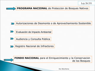 PROGRAMA NACIONAL de Protección de Bosques Nativos
Autorizaciones de Desmonte o de Aprovechamiento Sostenible
Evaluación de Impacto Ambiental
Audiencia y Consulta Pública
Registro Nacional de Infractores
FONDO NACIONAL para el Enriquecimiento y la Conservación
de los Bosques
Dra. Silvia Nonna
Ley 26.331
 