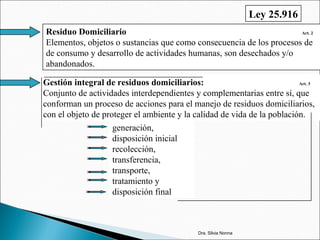 Residuo Domiciliario Art. 2
Elementos, objetos o sustancias que como consecuencia de los procesos de
de consumo y desarrollo de actividades humanas, son desechados y/o
abandonados.
Gestión integral de residuos domiciliarios: Art. 3
Conjunto de actividades interdependientes y complementarias entre sí, que
conforman un proceso de acciones para el manejo de residuos domiciliarios,
con el objeto de proteger el ambiente y la calidad de vida de la población.
Ley 25.916
generación,
disposición inicial
recolección,
transferencia,
transporte,
tratamiento y
disposición final
Dra. Silvia Nonna
 