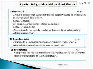 Gestión integral de residuos domiciliarios:
c) Recolección: Art. 13
Conjunto de acciones que comprende el acopio y carga de los residuos
en los vehículos recolectores.
1. Rec. General:
Sin discriminar los distintos tipos de residuo
2. Rec. Diferenciada:
Discriminando por tipo de residuo en función de su tratamiento y
valoración posterior
d) Transferencia: Art. 16
Comprende las actividades de almacenamiento transitorio y/o
acondicionamiento de residuos para su transporte
e) Transporte: Art. 14
Comprende los viajes de traslado de los residuos entre los diferentes
sitios comprendidos en la gestión integral
Dra. Silvia Nonna
Ley 25.916
 